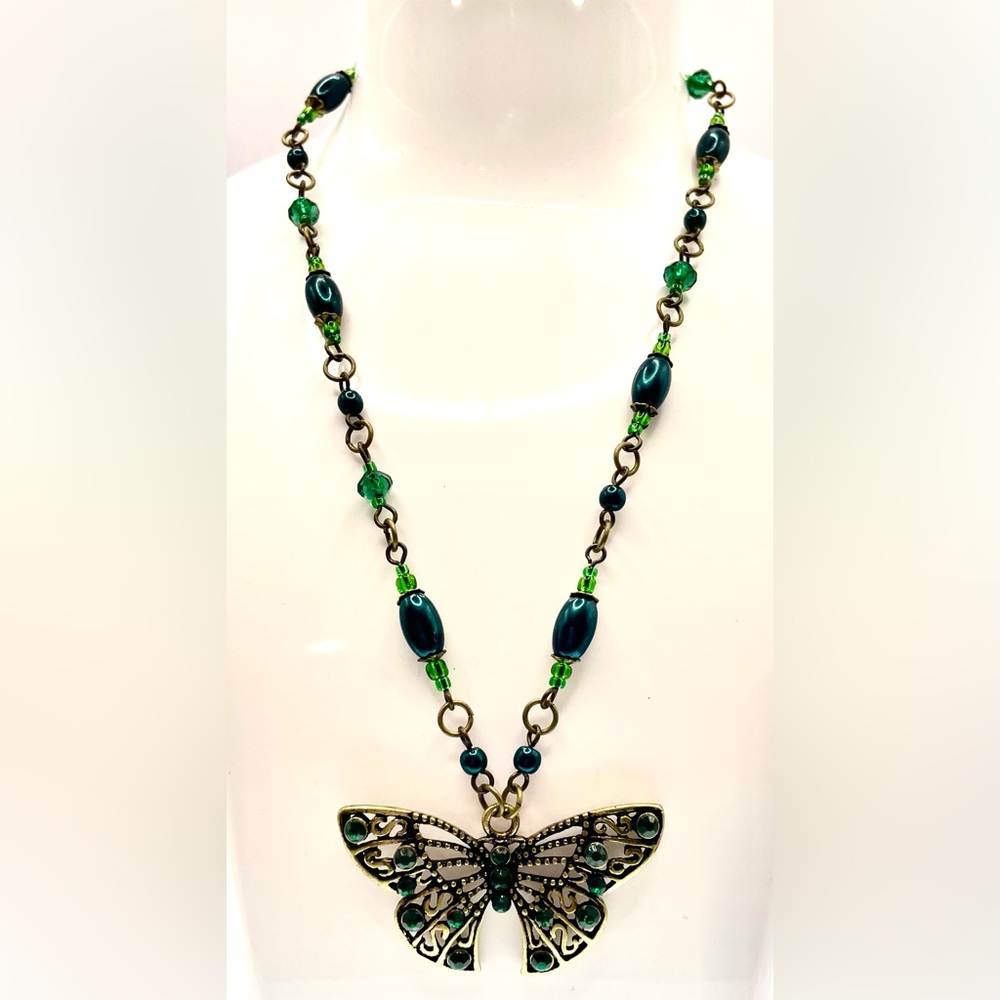3 for $30 Vintage Antiqued Gold Tone Butterfly Necklace Beaded Chain Crystals